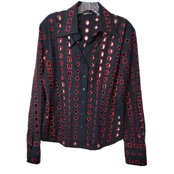 Samuel Dong Top Button Down Geometric Burnout Black And Red Small - Picture 1 of 9